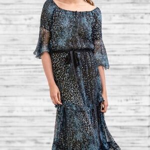 Poupette StBarth Maxi Gorgeous black aqua vertica lightweight silk crinkle dress